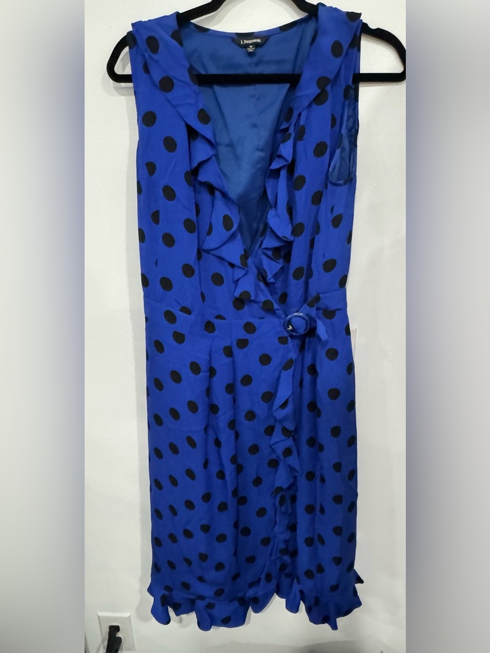 J. Peterman Blue Polka Dot Ruffle Wrap Dress